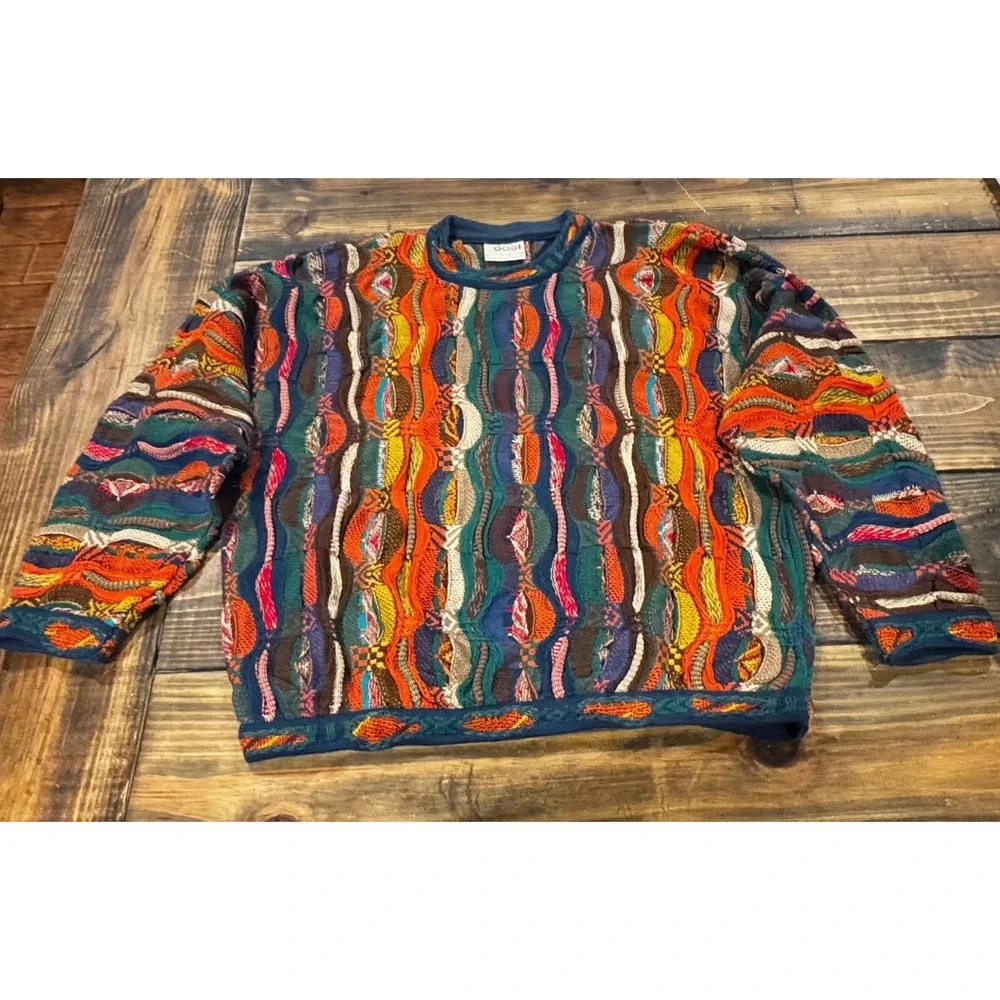 Vintage COOGI Australia Sweater Mens L 3D Knit Mercerised Cotton Multicolor 90s